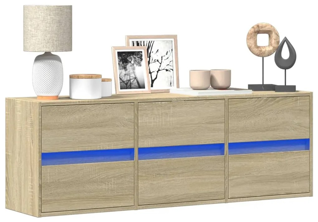 vidaXL Comodă TV de perete cu lumini LED, stejar sonoma, 130x31x45 cm