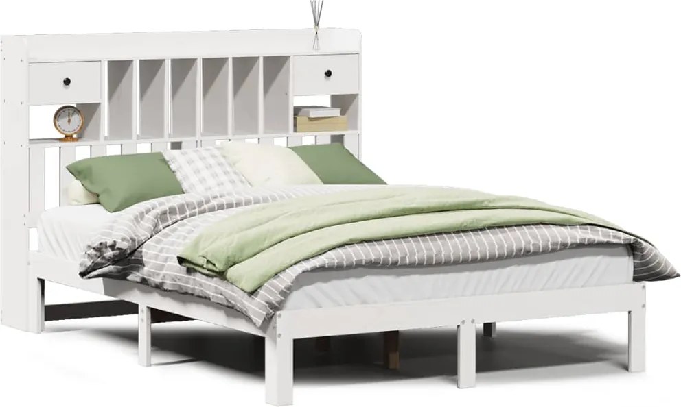 vidaXL Pat cu bibliotecă fără saltea, alb, 135x190 cm, lemn masiv pin