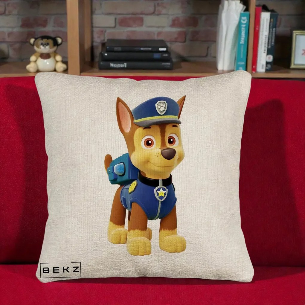 Perna Personalizata Chase PAW Patrol Albastru, 40x40 cm, Bej Canapea, Husa Detasabila, Perna Inclusa, BEKZ®