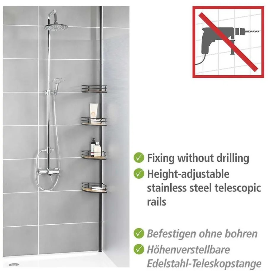 Raft de colț telescopic de colț pentru baie negru mat din bambus Dolcedo – Wenko