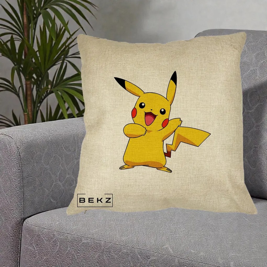 Perna Personalizata Pikachu Fericit, 40x40 cm, Crem, Husa Detasabila, Perna Inclusa, BEKZ®