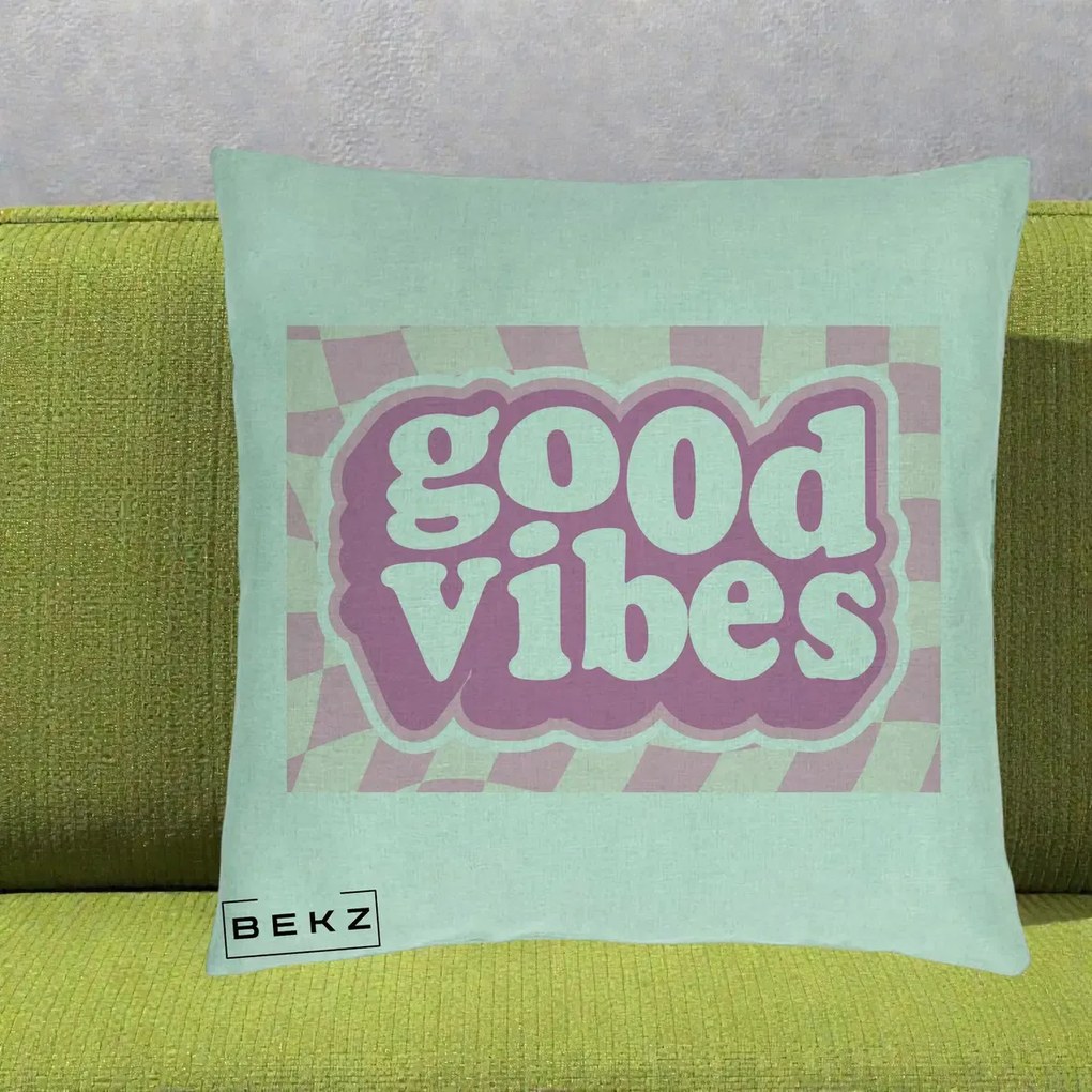 Perna Decorativa Good Vibes Retro Roz, 40x40 cm, Verde Menta, Husa Detasabila, Perna Inclusa, BEKZ®