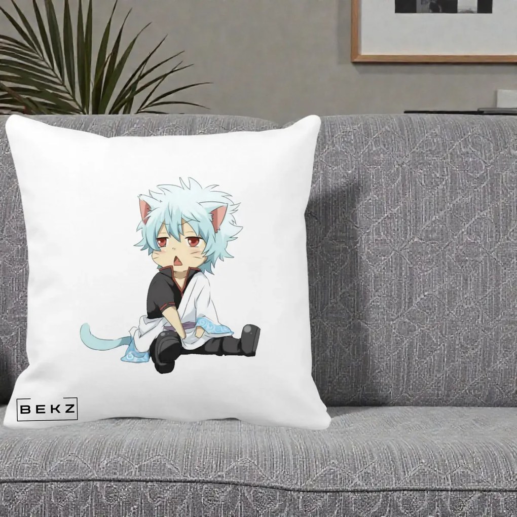 Perna Personalizata Gintama Gintoki Chibi Pisica, 40x40 cm, Alba Mata, Husa Detasabila, Perna Inclusa, BEKZ®