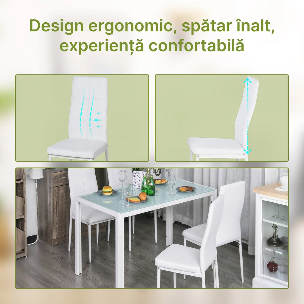 HOMCOM Set Masa pentru 4 Persoane cu 4 Scaune Tapițate, Design Modern și Elegant, Ideal pentru Dining, Alb | Aosom Romania