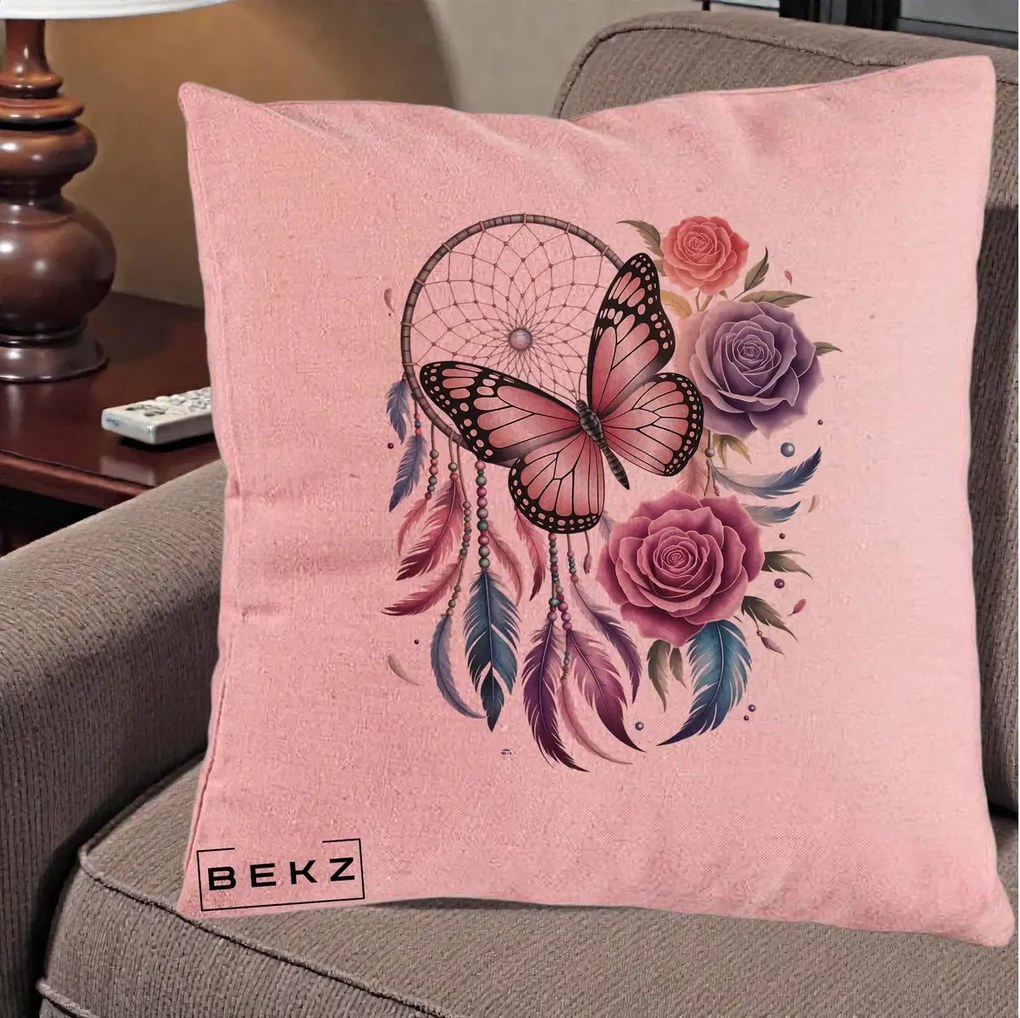 Perna Personalizata Prinzator de Vise cu Fluture si Trandafiri, 40x40 cm, Roz, Husa Detasabila, Perna Inclusa, BEKZ®