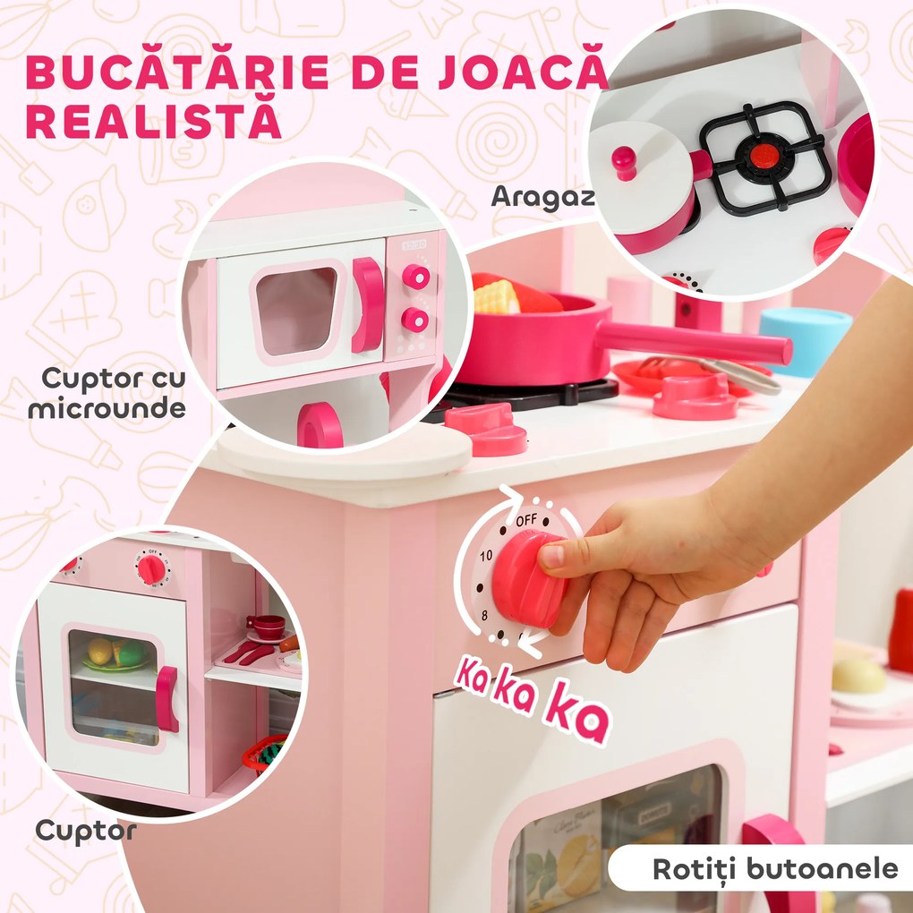 AIYAPLAY Bucătărie de Jucărie pentru Copii 3+ Ani cu Microonde, Plită și Chiuvetă, din Lemn, 55x24x86 cm, Roz | Aosom Romania
