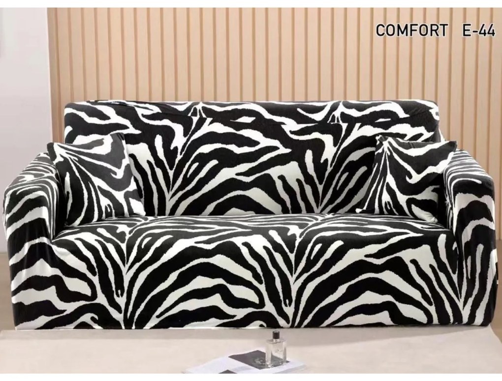 Set huse elastice pentru canapea 3 locuri si 2 fotolii, cu brate, spandex, negru / alb, HES-73