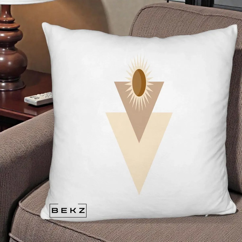Perna Decorativa Boho Sun cu Triunghiuri Bej si Oval Solar, 40x40 cm, Alb Pufos, Husa Detasabila, Perna Inclusa, BEKZ®