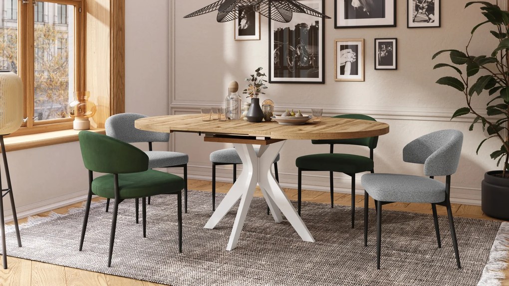 Mazzoni RENZO Stejar Wotan/picior alb - MASĂ ROTUNDĂ Ø110 EXTENSIBILĂ PÂNĂ LA 180 cm | PENTRU BUCĂTĂRIE SUFRAGERIE LIVING RETRO