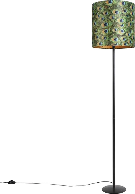 Lampă de podea neagră cu abajur din catifea cu motive de păun auriu 40 cm - Simplo