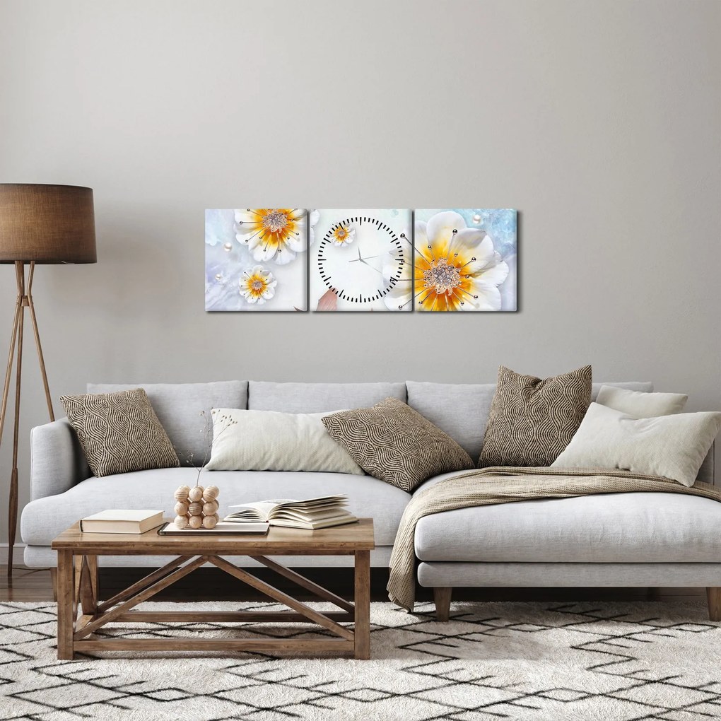 Tablou - Copoziția flori și fluturi (cu ceas) (90x30 cm)