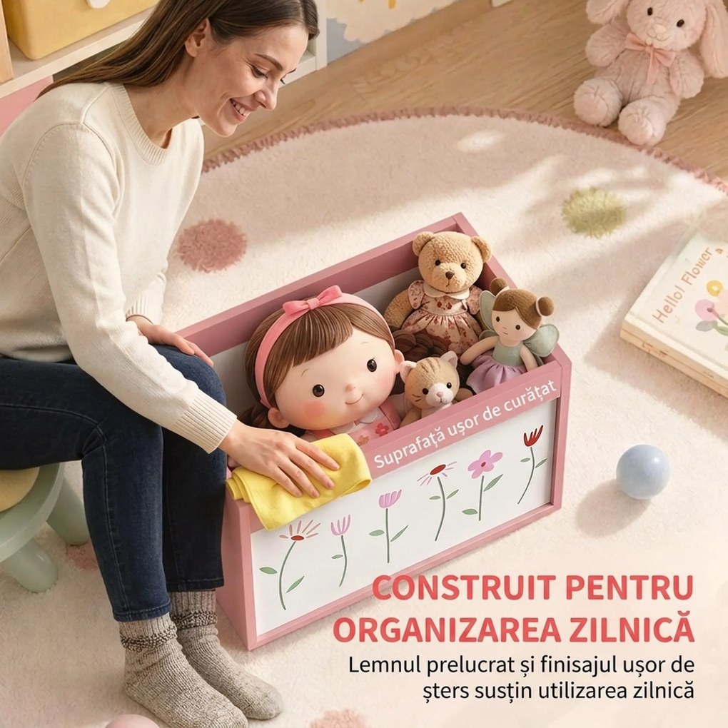 AIYAPLAY Cufăr pentru jucării copii 3-8 ani cu roți, 34,5 L, 15 kg, 50 x 30 x 33,5 cm, pentru dormitor, roz | Aosom Romania