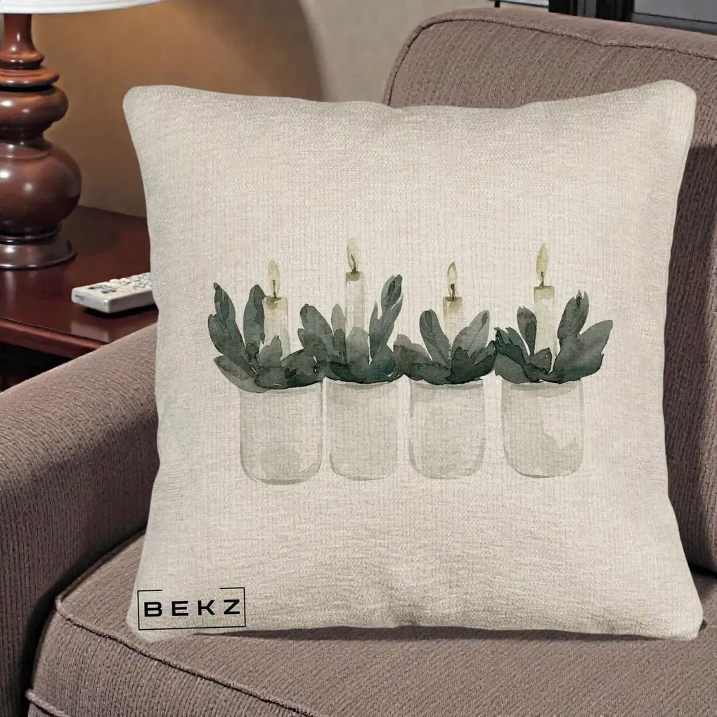 Perna Decorativa Lumanari in Borcane cu Eucalipt, 40x40 cm, Bej Canapea, Husa Detasabila, Perna Inclusa, BEKZ®