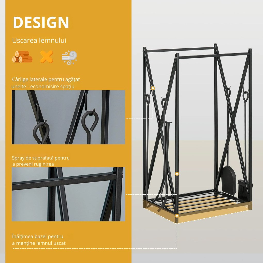 HOMCOM Suport pentru Lemne de Foc din Oțel, Suport pentru Lemne pentru Șemineu cu Vatrai, Perie și Clește, 46x30x76 cm, Negru | Aosom Romania