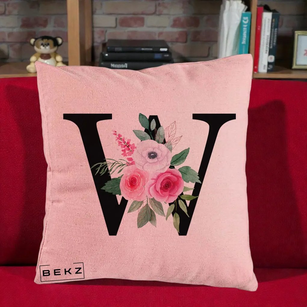Cadou Personalizat - Perna Personalizata Monograma Florala Litera W cu Trandafiri si Anemona, 40x40 cm, Roz, Husa Detasabila, Perna Inclusa, BEKZ®