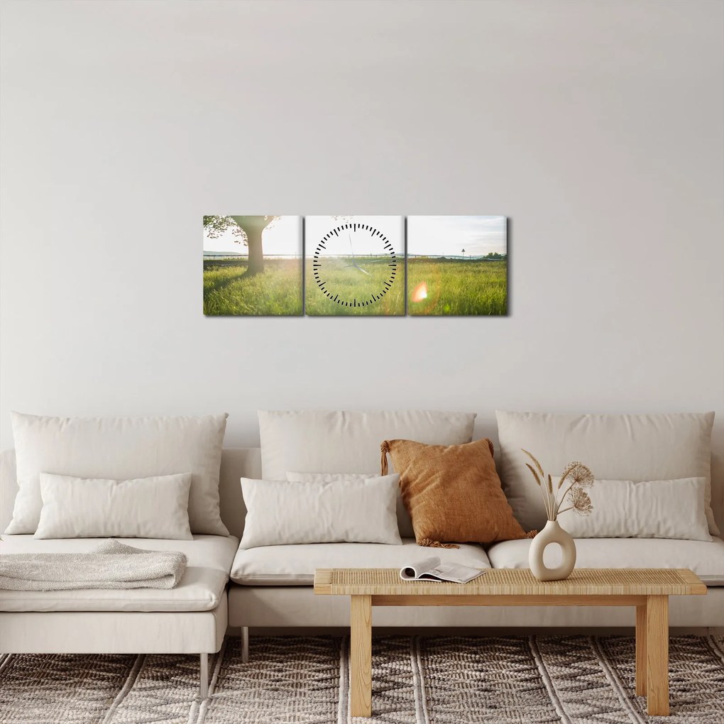 Tablou - Copac în câmp (cu ceas) (90x30 cm)