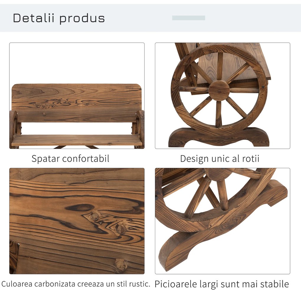 Outsunny Banca de Gradina 2 Locuri cu Spatar Inalt, Banca din Lemn de Brad cu Roti de Caruta Laterale, 114x58x80 cm, Maro Carbonizat