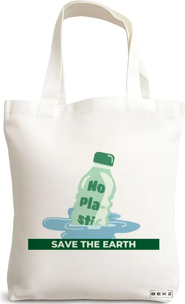 Sacosa de Panza pentru Cumparaturi, Geanta Tote, model No plastic - Save the earth, 38x34.5 cm, Alba, BEKZ®