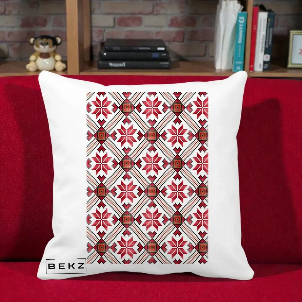 Perna Personalizata Motiv Traditional Ie Romaneasca Rosu, 40x40 cm, Alba Mata, Husa Detasabila, Perna Inclusa, BEKZ®