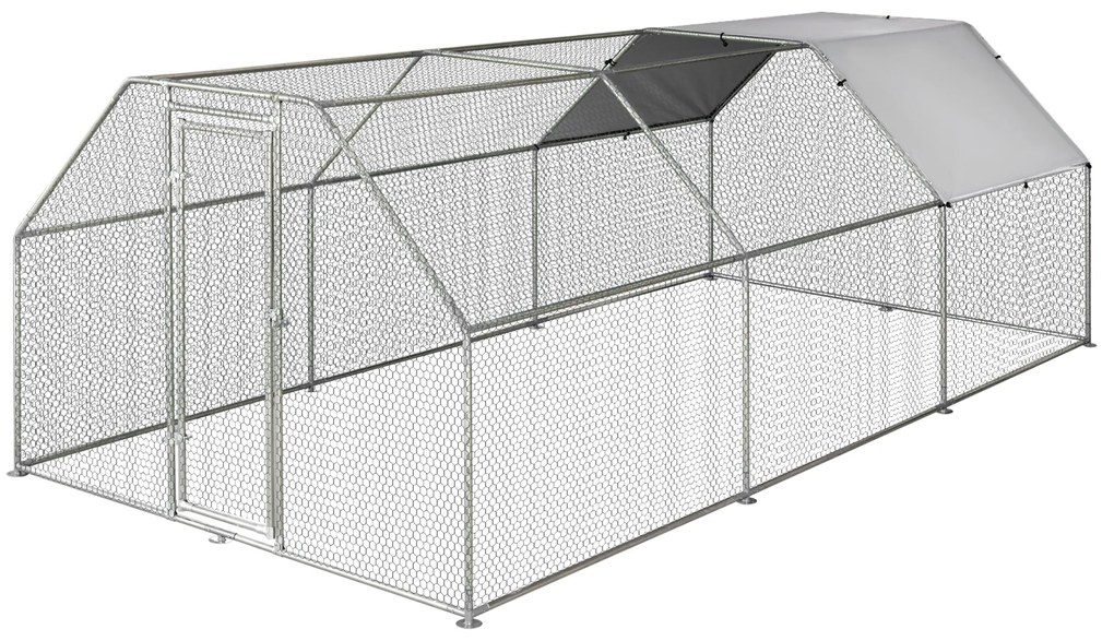 PawHut Țarc Găini Metal Ușă Acoperiș Parțial Spațiu Generos 280x570x195cm Argintiu | Aosom Romania