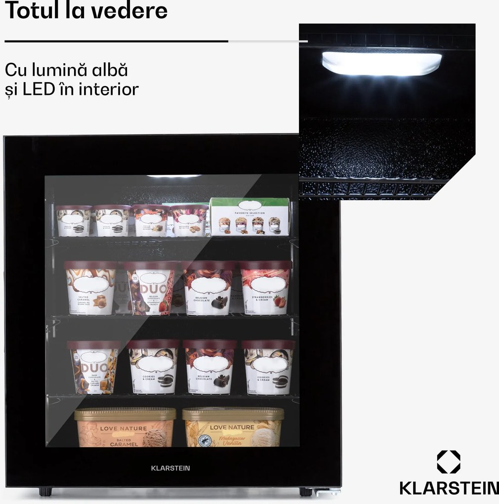 Klarstein IceAge 88, congelator, 88 litri, clasa energetică E, 2 etaje, termostat, uss din sticlă