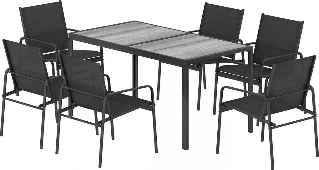 Outsunny Set mobilier de grădină - grup de șezut cu masă 150 x 80cm și 6 scaune respirabile, aspect lemn, cadru din oțel, Negru | Aosom Romania