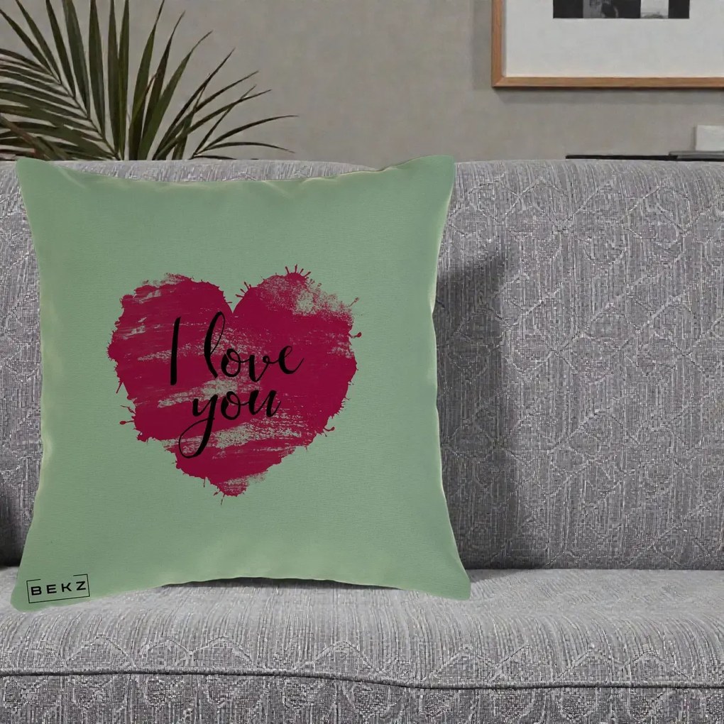 Cadou Romantic - Perna Personalizata I Love You Inima Roz, 40x40 cm, Verde, Husa Detasabila, Perna Inclusa, BEKZ®
