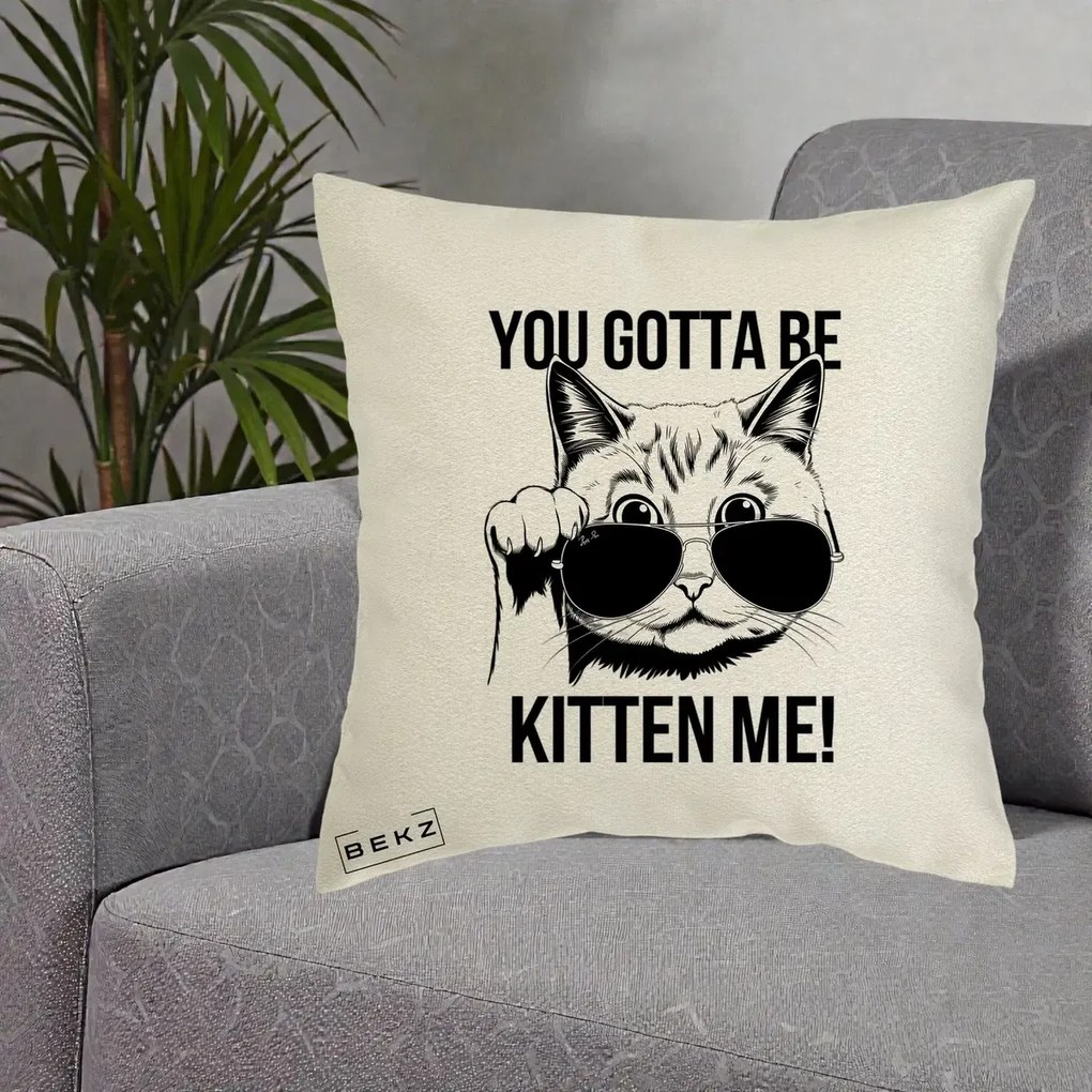 Perna Decorativa You Gotta Be Kitten Me!, 40x40 cm, Ecru, Husa Detasabila, Perna Inclusa, BEKZ®