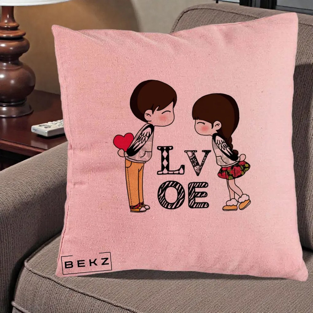 Cadou Romantic - Perna Personalizata Cuplu Kawaii LOVE, 40x40 cm, Roz, Husa Detasabila, Perna Inclusa, BEKZ®