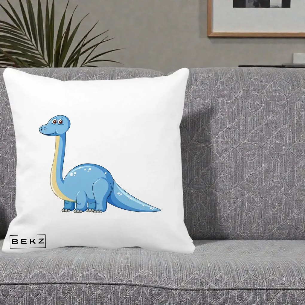 Perna Personalizata Brontosaur Albastru, 40x40 cm, Alba Mata, Husa Detasabila, Perna Inclusa, BEKZ®