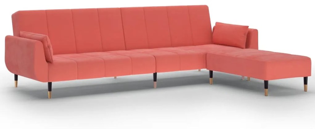 3081801 vidaXL Canapea extensibilă 2 loc.,taburet&2 perne,catifea,roz