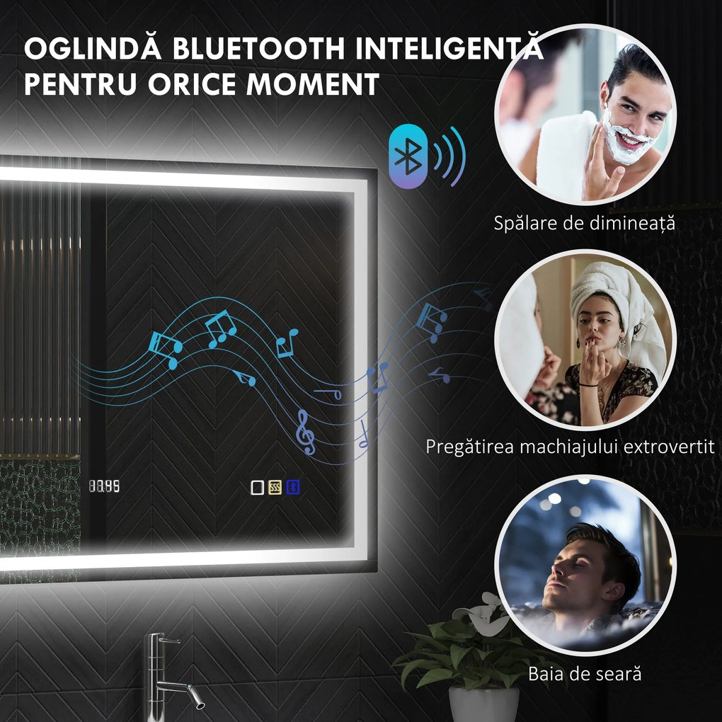 HOMCOM Oglindă Baie Bluetooth LED Antiabur Tactil | Aosom Romania