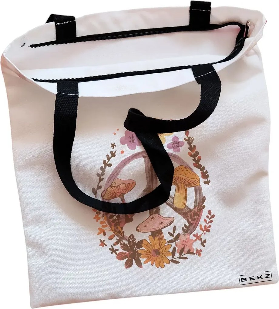 Sacosa de Panza pentru Cumparaturi, Geanta Tote, Colorful Mushrooms 5, Cu fermoar, 38x34.5 cm, Alba, BEKZ®