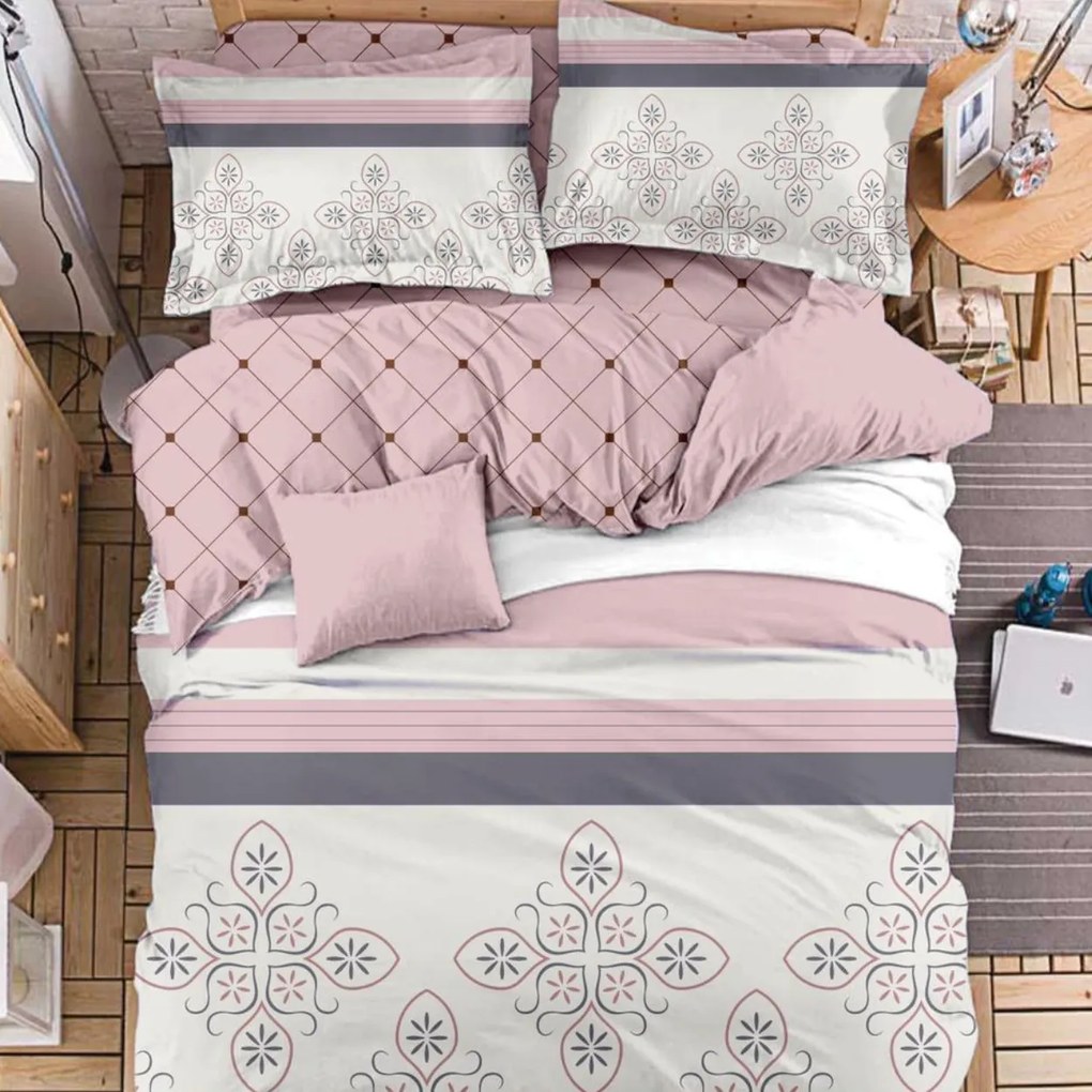 Lenjerie de pat cu 2 fete, policoton, pat 2 persoane, 4 piese, roz, R4-532