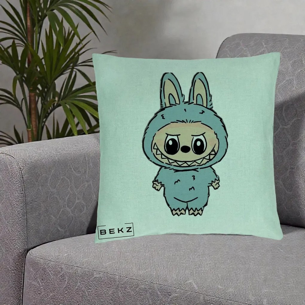 Perna Personalizata Labubu Albastru-Gri Solo, 40x40 cm, Verde Menta, Husa Detasabila, Perna Inclusa, BEKZ®