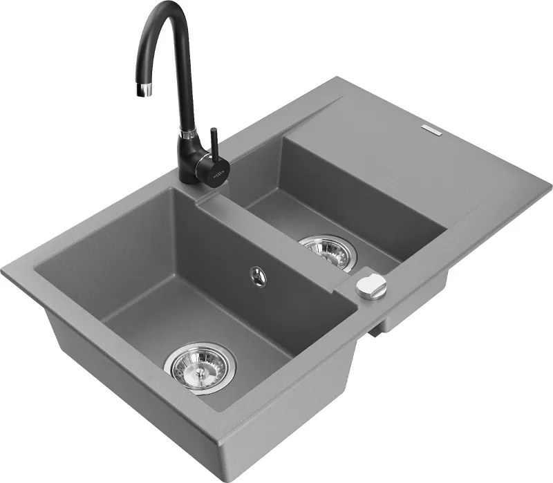 Mexen Gaspar chiuvetă de granit cu 1,5 cuve cu scurgător și baterie de bucătărie Telma, gri - 6507-71-670200-70