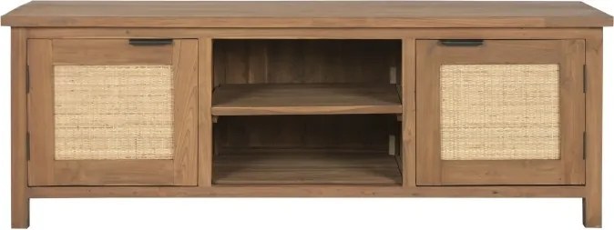 Comodă TV din lemn de tec reciclat, natur, 2 uși cu panouri din ratan împletit și nișe deschise cu raft central, 50 x 140 x 45 cm, „Dijon”
