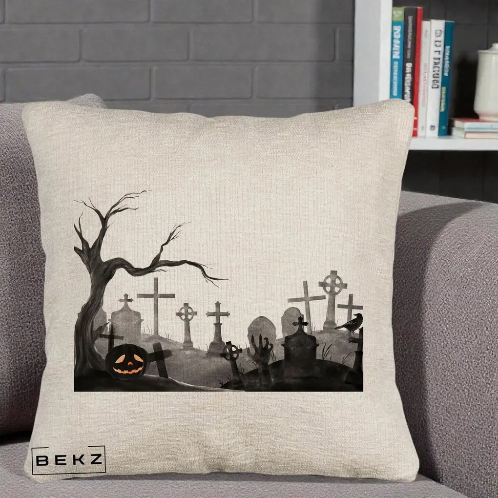 Perna Decorativa Halloween Cimitir Acuarela cu Dovleac, 40x40 cm, Bej Canapea, Husa Detasabila, Perna Inclusa, BEKZ®