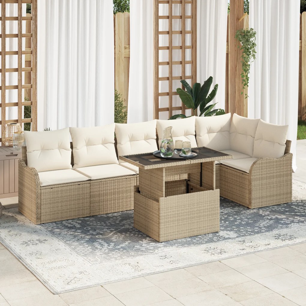 vidaXL Set de canapele pentru grădină cu pernă 7 pcs Bej Rattan poli