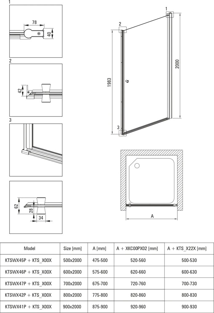 Usa de dus, batanta, sticla 6mm, 60x200 cm, profil negru, Deante Kerria Plus Negru