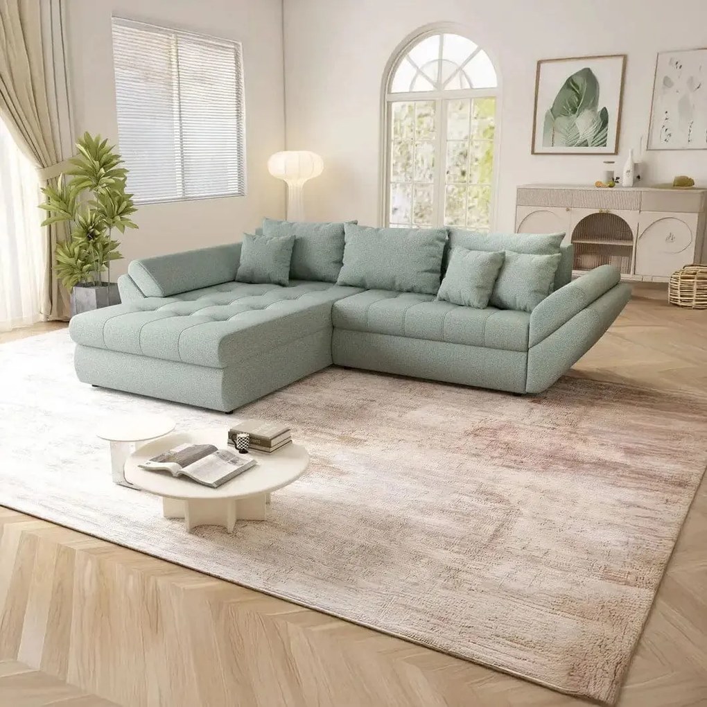 Colțar extensibil dumonde cu ladă de depozitare si sezut confortabil din spuma high-density, Loana Enjoy Mint 270x185 cm
