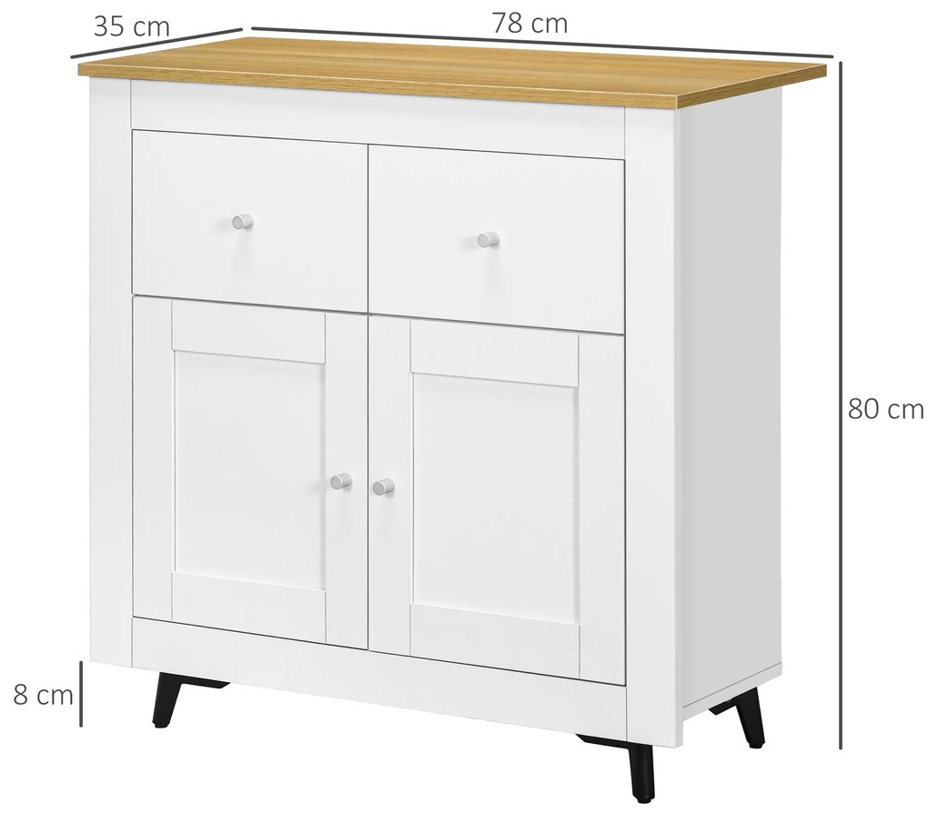 HOMCOM Mobilier de depozitare bufet cu dulap cu uși și 2 sertare, pentru living, sufragerie, dim. 78 x 35 x 80 cm, alb | Aosom Romania