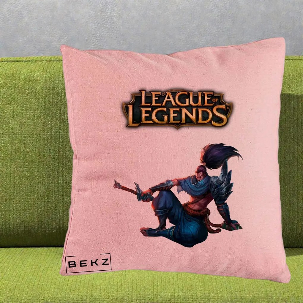Perna Personalizata League of Legends Yasuo, 40x40 cm, Roz, Husa Detasabila, Perna Inclusa, BEKZ®