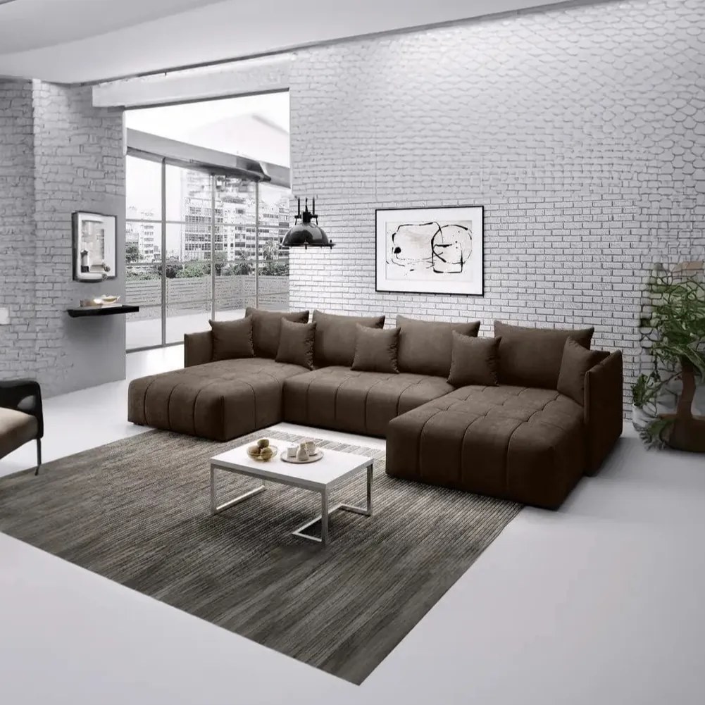 Colțar extensibil dumonde cu ladă de depozitare si sezut confortabil din spuma high-density, Malta U Enjoy Brown 340x185 cm