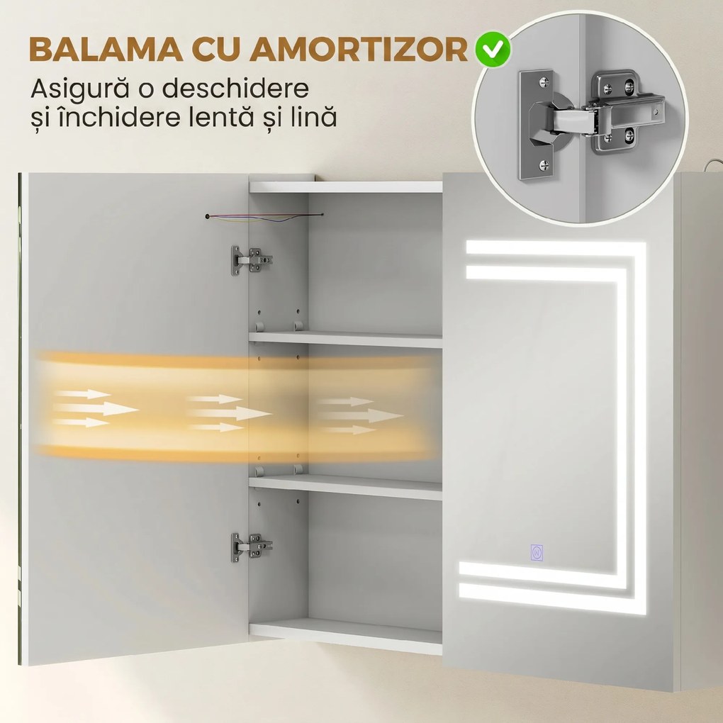 kleankin Oglindă Baie cu Dulap și LED, 80 x 65cm, Ușă Soft Close, Reglabilă pe 3 Culori, Rafturi Ajustabile, Alb Lucios | Aosom Romania