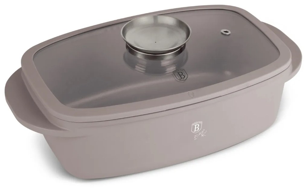 RESIGILAT - Tavă roaster cu capac 32x21 cm, 6L – Berlinger Haus Taupe Collection BH 8778, gri, antiaderentă, ideală pentru friptură la cuptor, cu