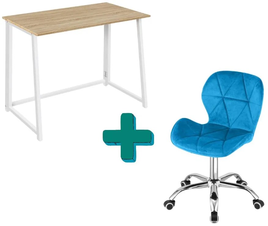 Set pentru birou – birou pliabil ZARIMO 80×40 cm alb + scaun de birou AVOLA VELVET albastru