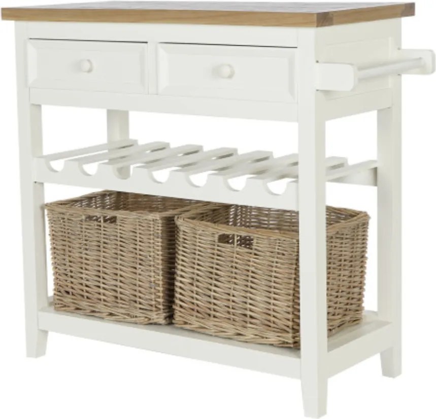 Consolă hol shabby chic din lemn de paulownia, alb, cu 2 sertare, raft pentru sticle, raft jos și blat gri, 80,5 x 88 x 38 cm, „Vinara”