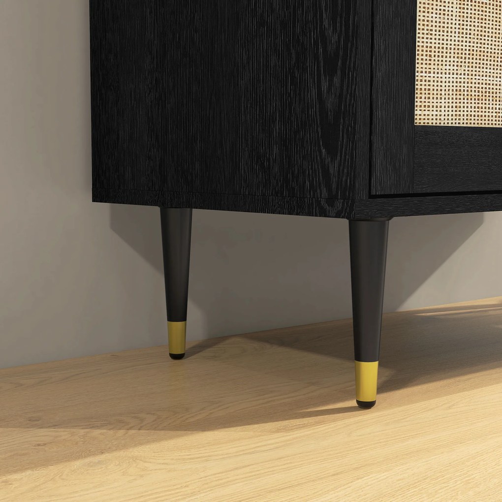 HOMCOM Bufet de bucătărie mobilier de depozitare design boem cu dublă uși și 2 nivele, fațadă din răchită 80 x 38 x 79 cm negru | Aosom Romania