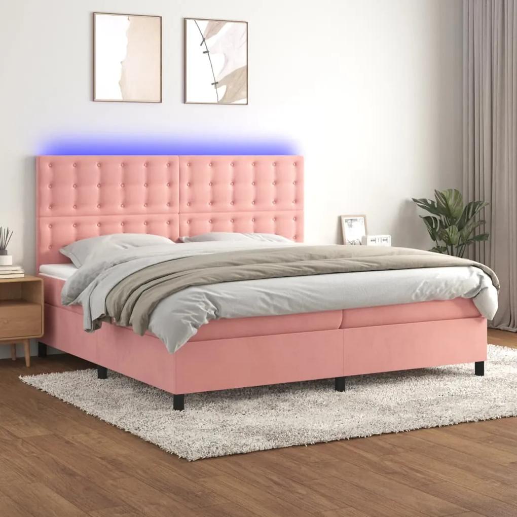 Pat continental cu saltea  LED, roz, 200x200 cm, catifea Roz, 200 x 200 cm, Nasturi de tapiterie